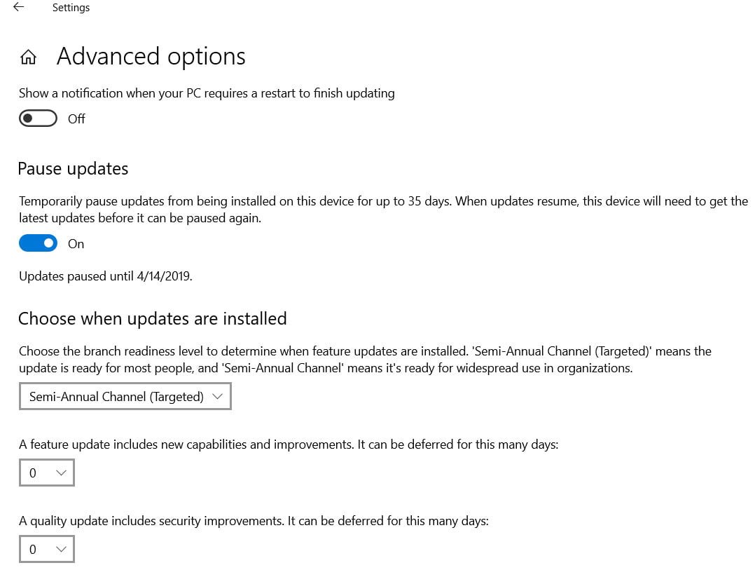 pause windows 10 updates